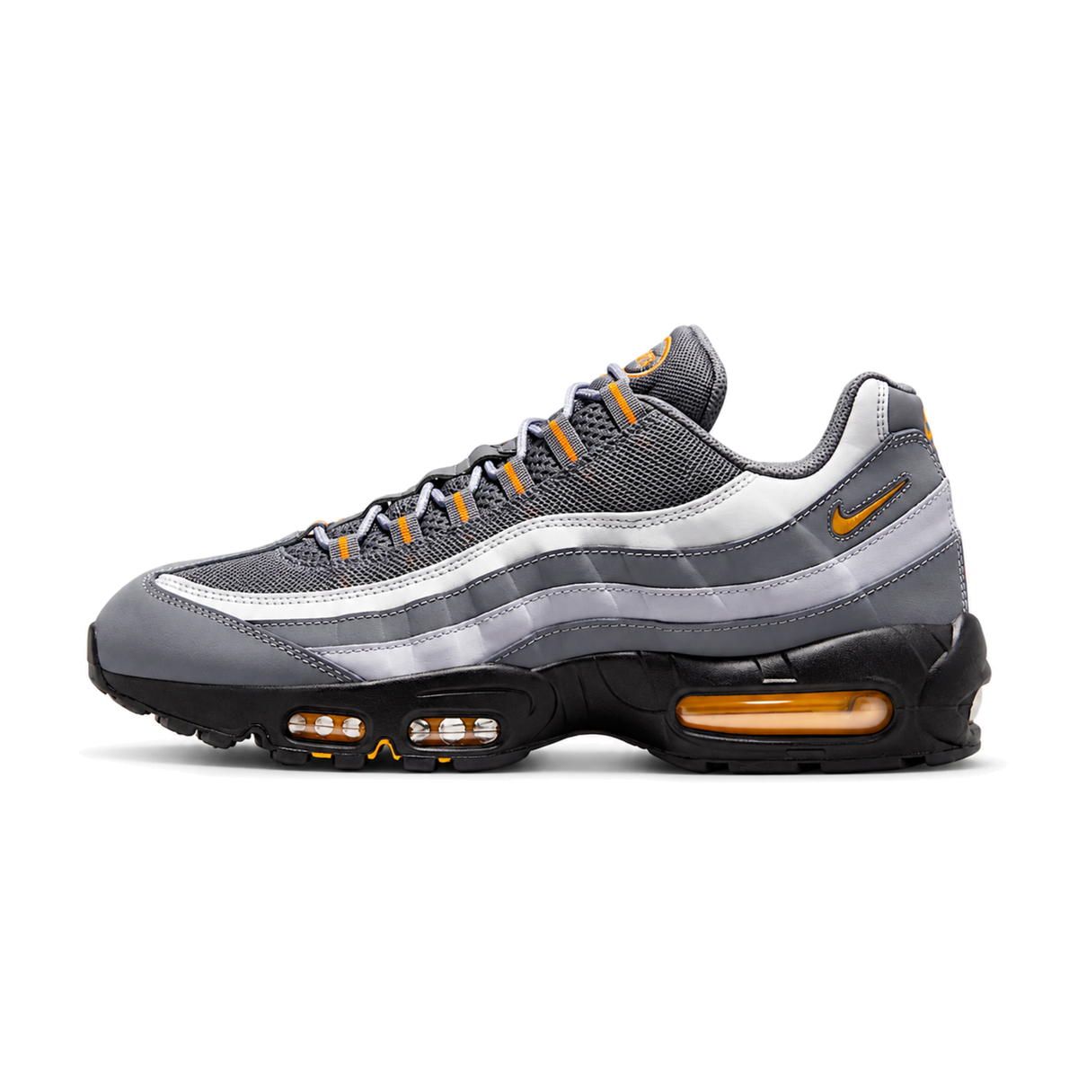 Nike Air Max 95 Cool Grey Sundial, siva patika sa toplim narandžasto-zlatnim detaljima, bočni profil
