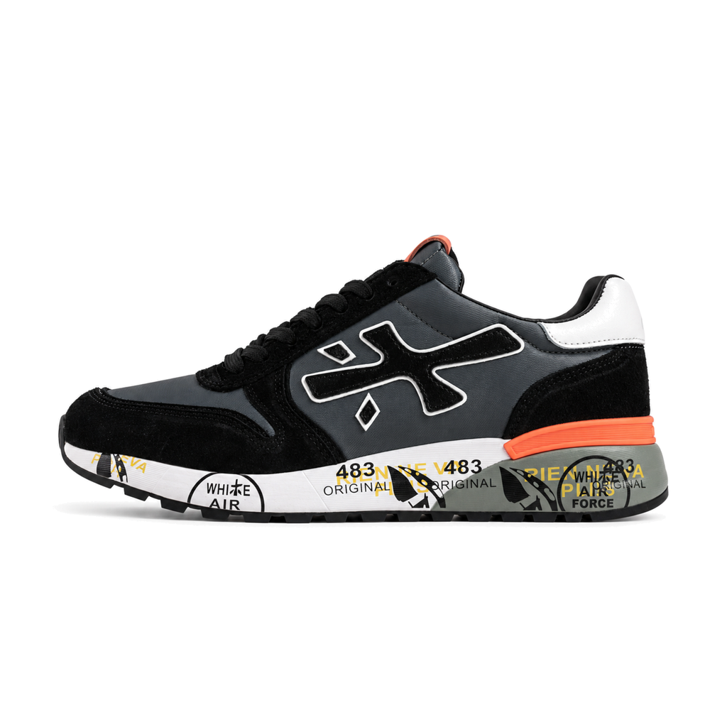 Premiata Mick Black / Grey / Orange, siva i crna patika sa narandžastim detaljem, bočni profil