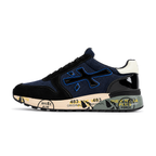 Premiata Mick Denim / Black Patent, teget denim patika sa crnim lakiranim detaljima, bočni profil