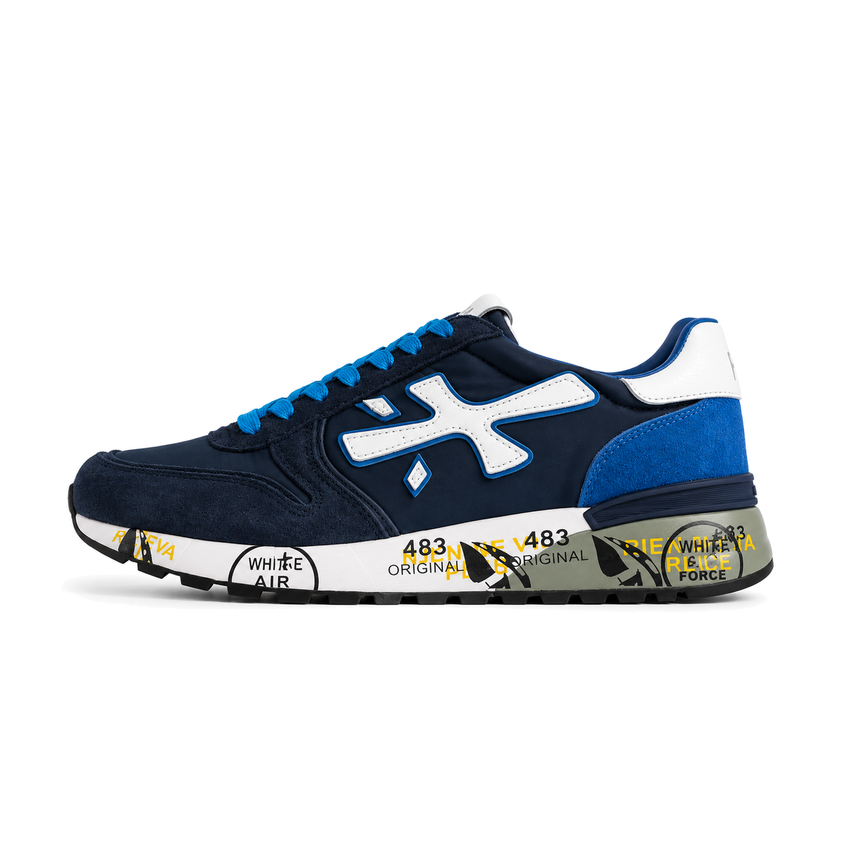 Premiata Mick Navy / White / Blue, teget patika sa bijelim i plavim detaljima, bočni profil
