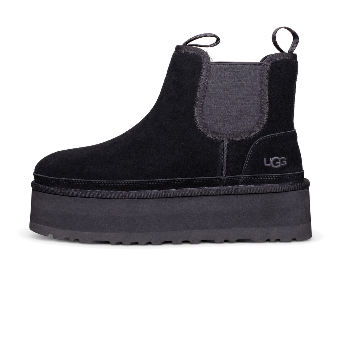 UGG Neumel Platform Chelsea Black, crna semiš chelsea čizma na platformi, bočni profil