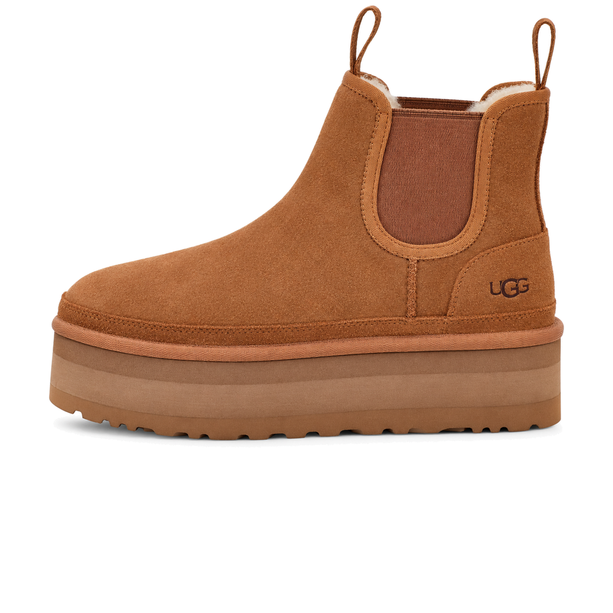 UGG Neumel Platform Chelsea Chestnut, braon chestnut semiš chelsea čizma na platformi, bočni profil